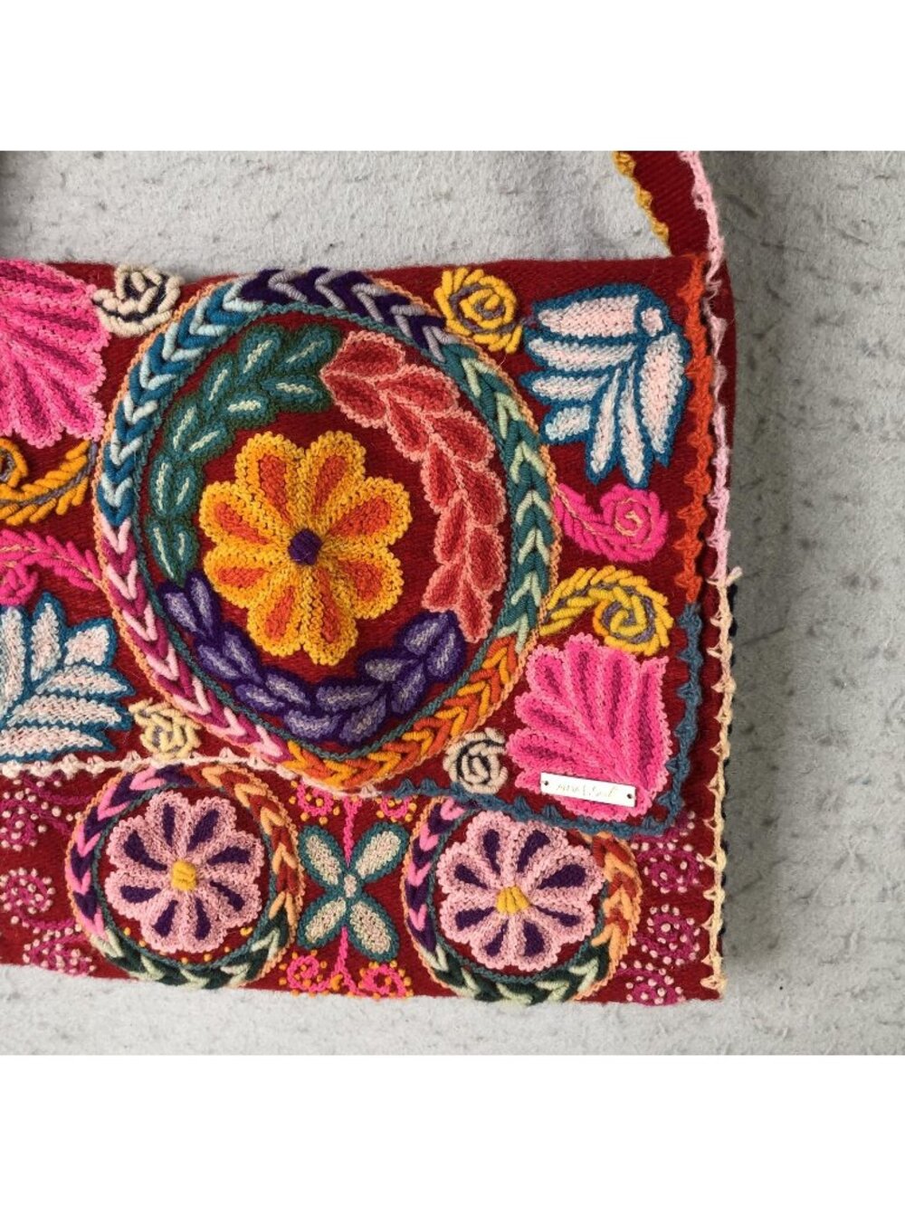 Alma Soul Crossbody Bag Womens Medium Red Wool Embroidered Floral Boho Peruvian